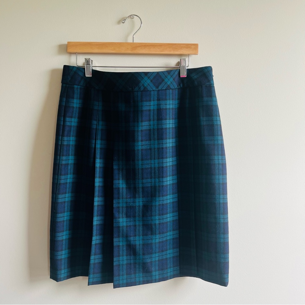 Brooks Brothers Skirt Women 12 green blue‎ Plaid 100% Wool Blend Pleated Midi